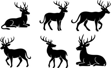 Çeşitli şekillerdeki siyah geyik siluetleri beyaz arkaplanlı desenler oluşturuyor. Çocuk film karakterleri.