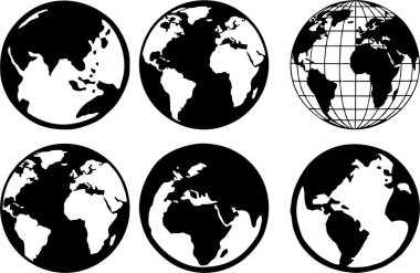 Dünya küre görünümleri beyaz arkaplanlı kıtaları gösterir.