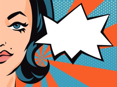 Komik konuşma balonu olan bir kadın. Pop sanat tarzında vektör pankartı.