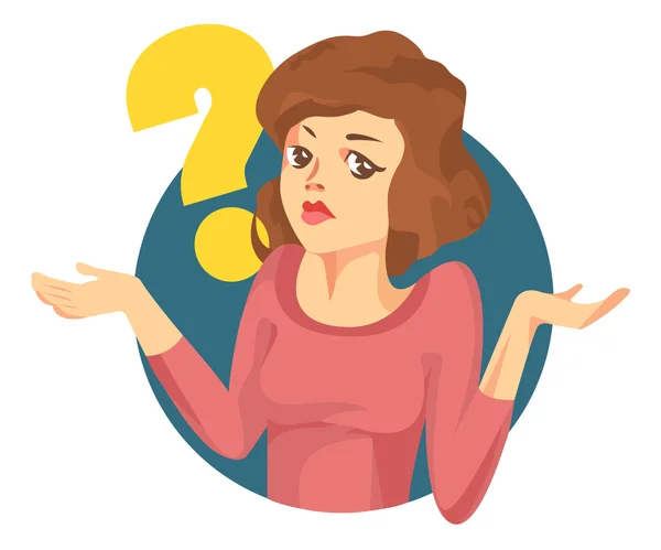 Vector woman with a question mark. Girl doubts. "I dont know" expression — Stock Vector