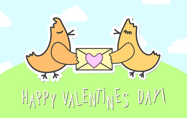 Love birds vector card para el Día de San Valentín. Pájaros con corazones póster infantil — Archivo Imágenes Vectoriales