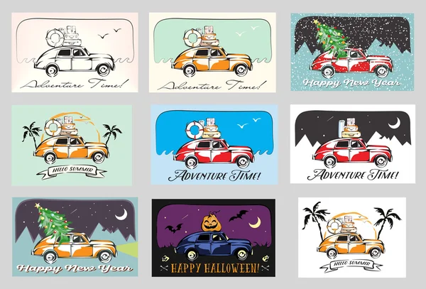 Set of Retro Cars Loaded For a Traveling or Holiday. Vehicle conceptions. Vector EPS 10 Card