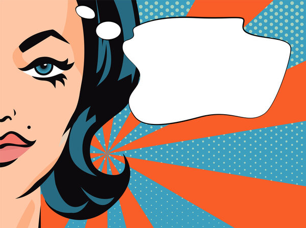 Woman with comic speech bubble. Vector banner in pop art style.