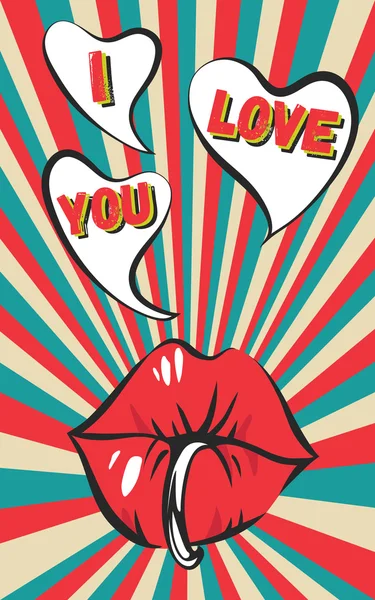 Día de San Valentín fondo vintage con labios penetrantes sexy, goma de mascar, rayos retro y letras "Te amo" — Vector de stock