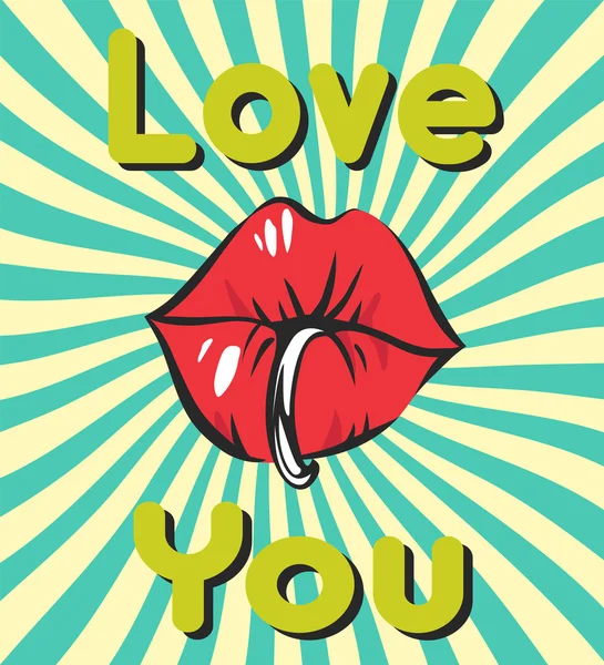 Valentines day vintage background with sexy piercing lips, bubble gum, retro rays and "love you" lettering — Stock Vector