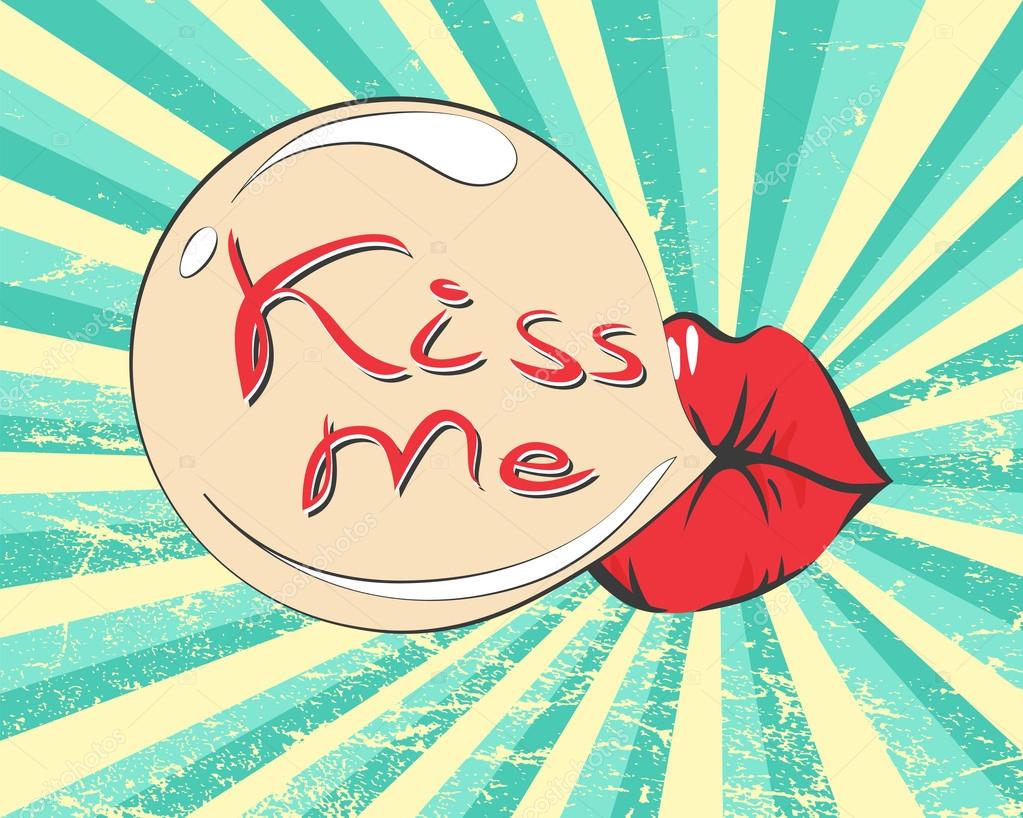 Valentines day vintage background with sexy piercing lips, bubble gum, retro rays, scratches and 