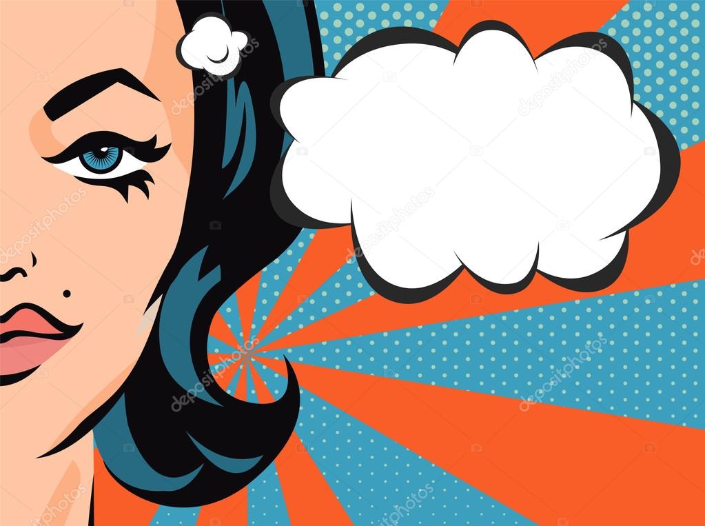 Woman with comic speech bubble. Vector banner in pop art style.