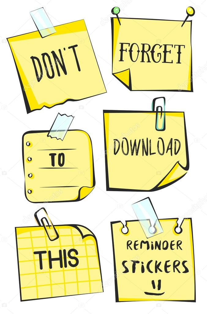 Yellow  stick notes set on white background. Paper reminder vector illustration. Modern vintage illustration technics.