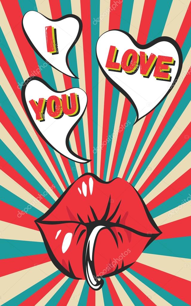 Valentines day vintage background with sexy piercing lips, bubble gum, retro rays, scratches and 