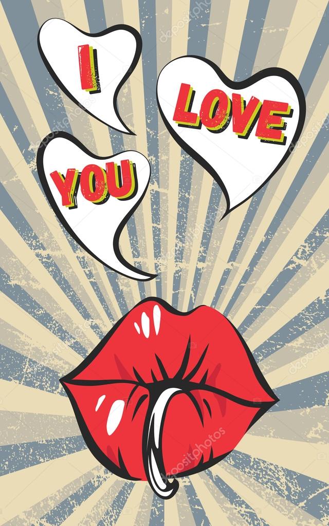 Valentines day vintage background with sexy piercing lips, bubble gum, retro rays, scratches and 