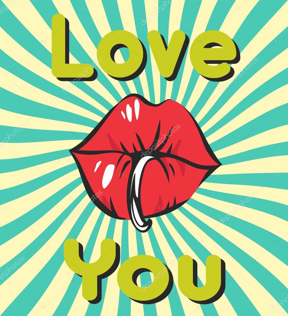 Valentines day vintage background with sexy piercing lips, bubble gum, retro rays, scratches and 