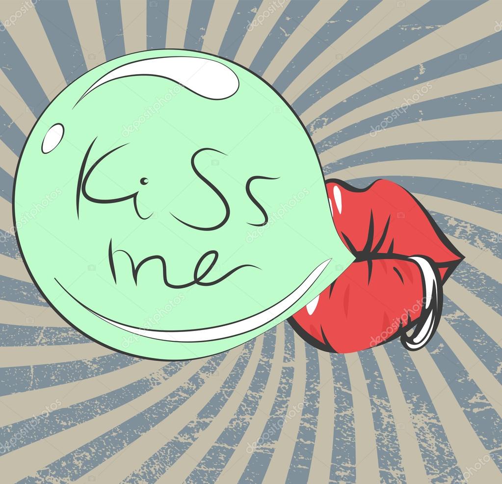 Valentines day vintage background with sexy piercing lips, bubble gum, retro rays, scratches and 