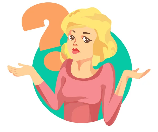 Vector woman with a question mark. Girl doubts. "I don't know" expression. Blond hair — Stock Vector