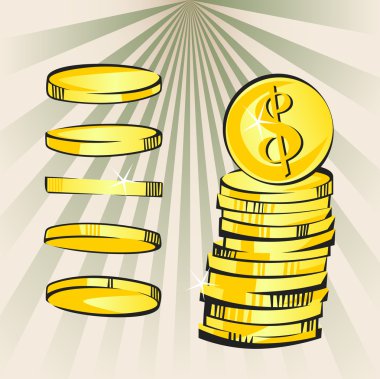 Altın para yağmur ve yığın. Vektör düşen sikkeler. Dolar işareti. 