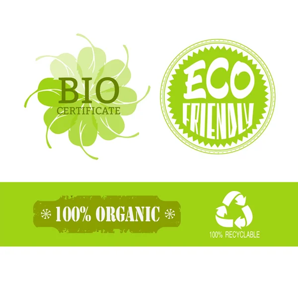 Étiquettes 100 % bio, écologique, bio ? etrificate, recyclable, végétarienne, végétalienne.Mise en page verte et fraîche. Bannière vectorielle, brochure, modèles de page Web . — Image vectorielle