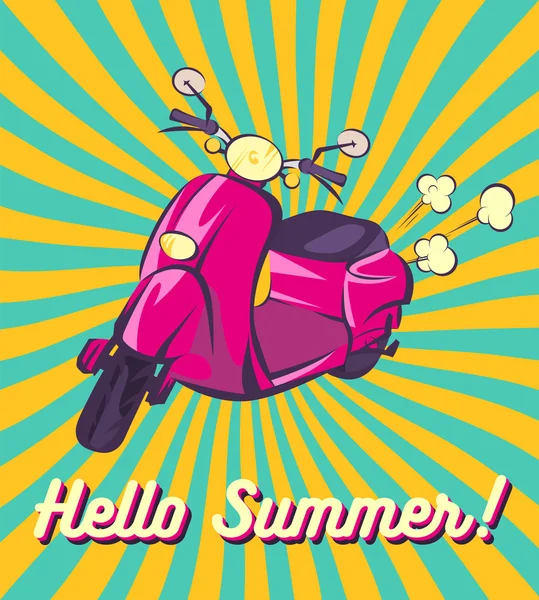 こんにちは夏のレトロなバナー。古いビンテージ スクーターのイラスト。ベクター画像。ピンクには、原動機付け自転車が高齢者。光線、傷や煙の雲。ポップなアート漫画スタイル. — ストックベクタ