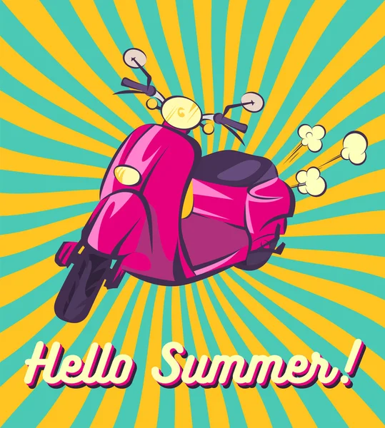 Yaz retro afiş Merhaba. Eski scooter vintage illüstrasyon. Vektör görüntü. Pembe yaşlı moped. Işınları, çizikler ve duman bulutları. Pop art karikatür tarzı.