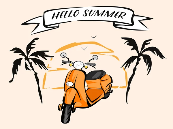 Olá bandeira retro verão. Ilustração do vintage scooter velho. Imagem vetorial. Um ciclomotor laranja envelhecido. Palmeiras, pôr do sol, gaivotas e fita. Pop arte desenho animado estilo . — Vetor de Stock