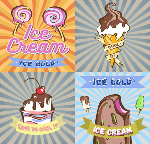Retro Ice Cream Posters set. Vector illustration. — Stock Vector