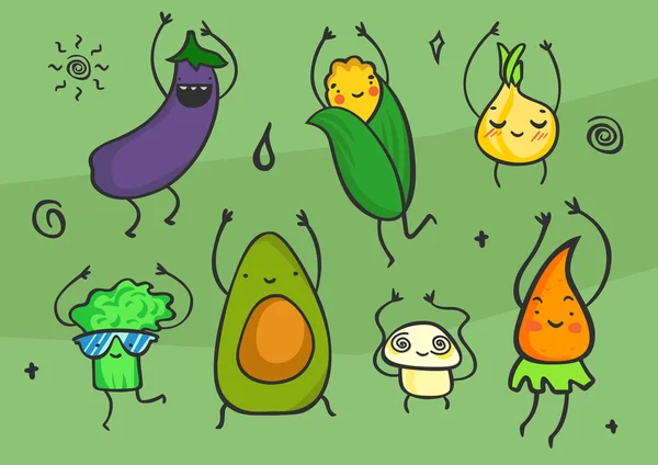 Mignon ensemble de légumes de dessin animé kawaii. Personnages souriants et dansants. Produits alimentaires sains : aubergine, maïs, oignon, brocoli, avocat, champignon, carotte. Illustration vectorielle . — Image vectorielle