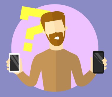 Soru işareti olan vektör adam. Akıllı telefon konseptini seçmek. Mobil seçim anlayışı. İnsan şüphe eder. 