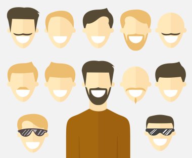 Düz adam yüz seti. Avatar simgeleri. Vektör karikatür kişiliksiz karakterler