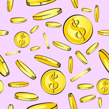 Altın sikkeler sorunsuz desen. Kumaş baskı için vektör tasarımı. Açık pembe düşkün para arka plan. Düşen dolar