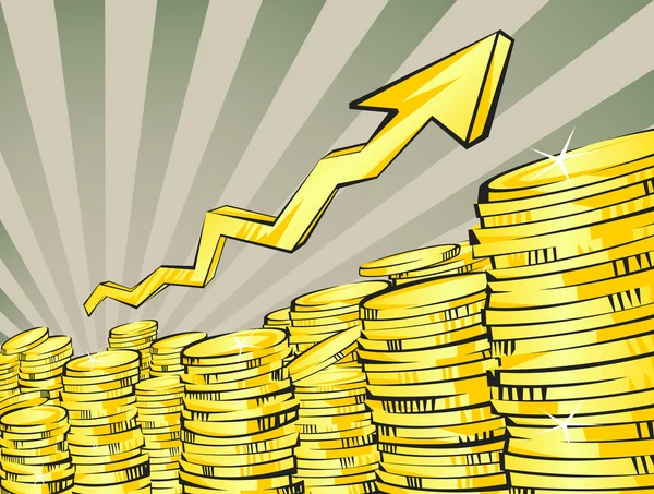 Altın sikkeler ok ile yığınları. Retro ışınları arka plan. Gelir artırarak kavramı. Vektör illüstrasyon. Perspektif görünümü.