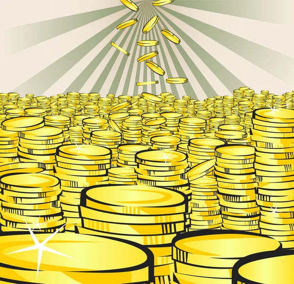 Gyllene pengar regn. Fallande guld och högar av mynt. Retro vektor illustration av den lysande rikedom. Lotteri vinnande eller affärsframgång koncept. Popkonst skatt bild. — Stock vektor
