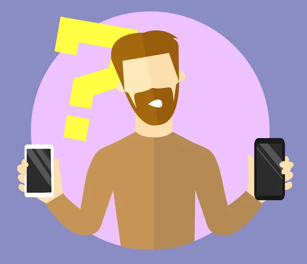 Homme vecteur avec un point d'interrogation. Choisir le concept de smartphone. Mobile choisir la conception. L'homme doute. Expression "je ne sais pas". Style de dessin animé plat — Image vectorielle