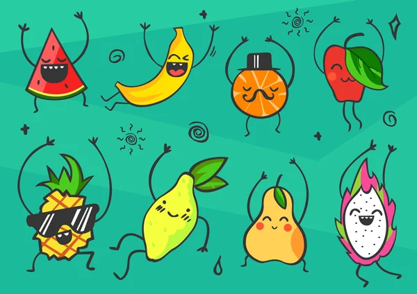 Sevimli kawaii karikatür meyve seti. Gülümseyen ve dans eden karakterler. Sağlıklı gıda ürünleri: karpuz, muz, mandalina, elma, ananas, limon, armut ve ejderha meyve. Vektör çizimi. 