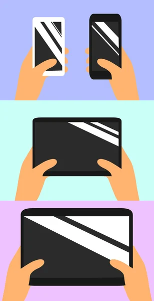 Handys und Tablet-Computer in der Hand. Kaufentscheidung. flache Vektorsymbole für Smartphone und digitales Tablet. — Stockvektor
