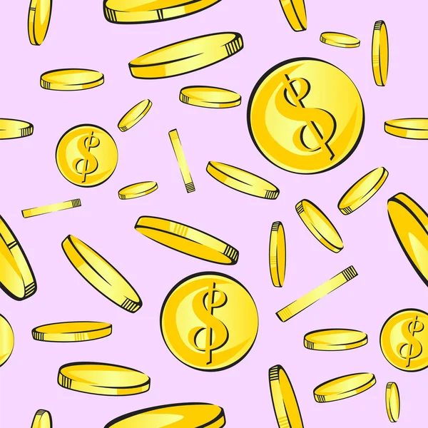 Золотые монеты бесшовный рисунок. Векторный дизайн для печати. Деньги на светло-розовом фоне. Падающие доллары — стоковый вектор