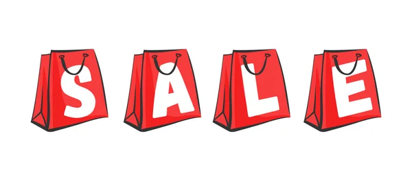 Venta de papel bolsas de compras cartel. Envases rojos y letras publicitarias. Ilustración vectorial — Vector de stock