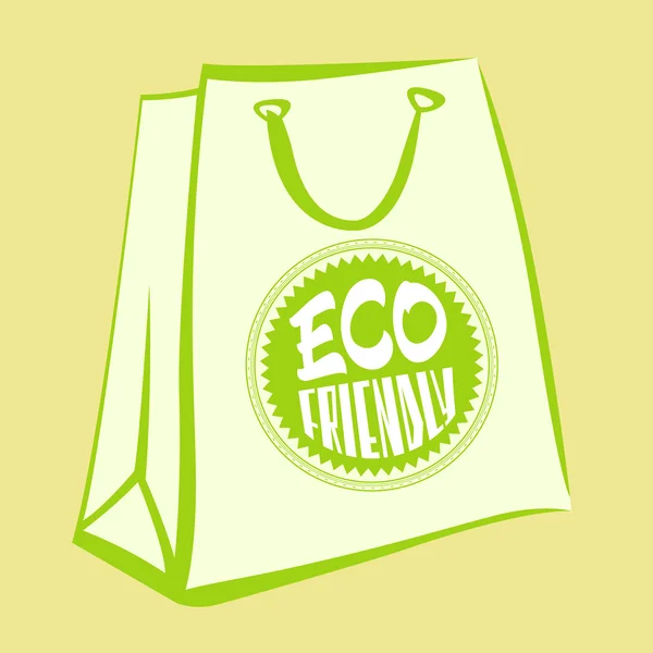 Weiße Papiertüte mit umweltfreundlichem Schild. Vector-Shopping-Ikone. Hellgrüne Konturen — Stockvektor