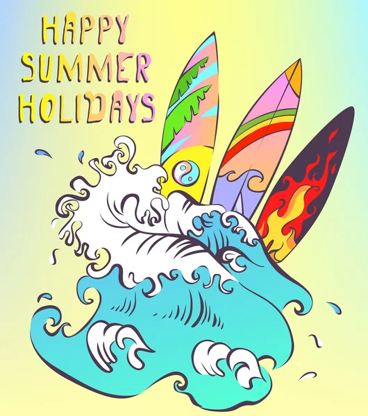 快乐暑假矢量旗帜。冲浪的乐趣的概念。多彩的冲浪板和巨大的浪潮. — 图库矢量图片