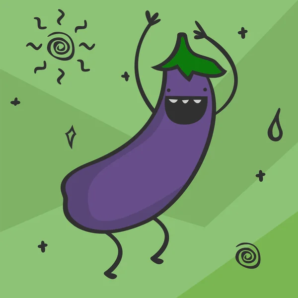 Söta kawaii cartoon aubergine. Leende och dansar vegetabiliska karaktär. Hälsosam mat produkt. Vektor illustration. Happy aubergine — Stock vektor