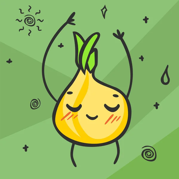 Ładny kawaii kreskówka cebula. Uśmiechnięty i taniec warzywo znak. Produkt zdrowej żywności. Ilustracja wektorowa — Wektor stockowy