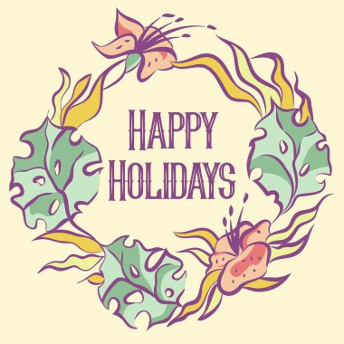 Mutlu tatiller işareti. Hafif pastel çiçek çelenk. Menekşe dağılımı. Vektör çizim. 