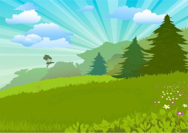 Magic meadow. Northern landscape. Field and forest. Rays of light in the sky. Cartoon style. Vector illustration.