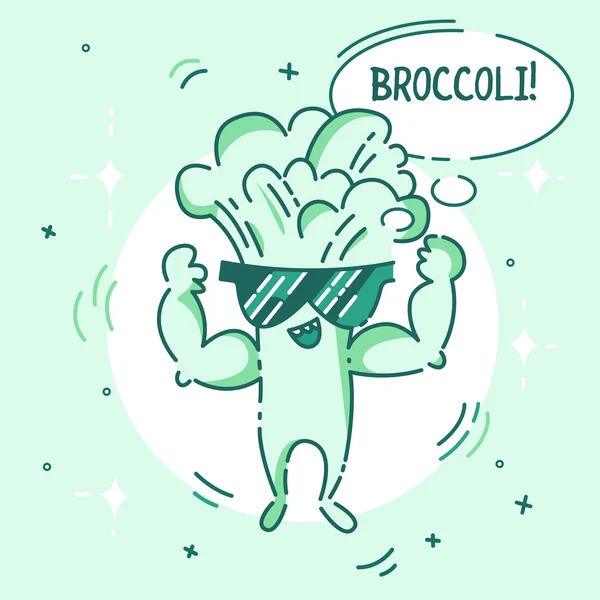 Broccoli man. Söt kawaii tecknad person. Platt linje design. Hälsosam vegansk mat karaktär i solglasögon. Naturlig produkt skylt. Vektor illustration. — Stock vektor