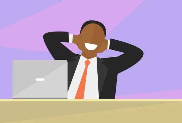 Satisfied black man flat illustration . Work done concept. Happy impersonal businessman working on laptop. Vector image — Stock Vector