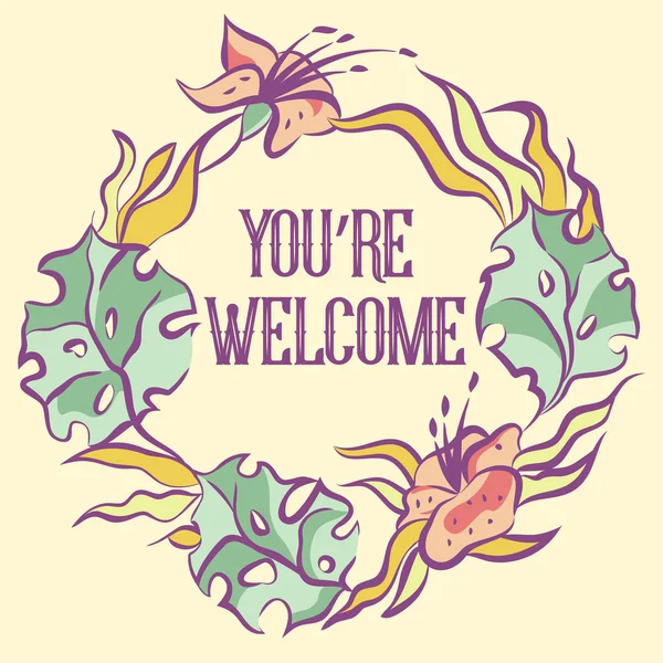Eres un signo de bienvenida. Corona floral pastel claro. Contorno violeta. Ilustración vectorial . — Vector de stock