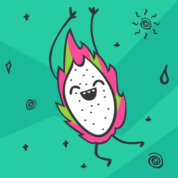 Милая карикатура на Кавайи Dragon Fruit. Улыбающийся и танцующий фруктовый характер. Здоровый пищевой продукт. Векторная иллюстрация . — стоковый вектор