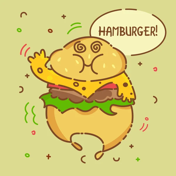 Söta kawaii cartoon hamburgare med pratbubblan. Flat line design. Snabbmat karaktär. Vektor illustration. — Stock vektor