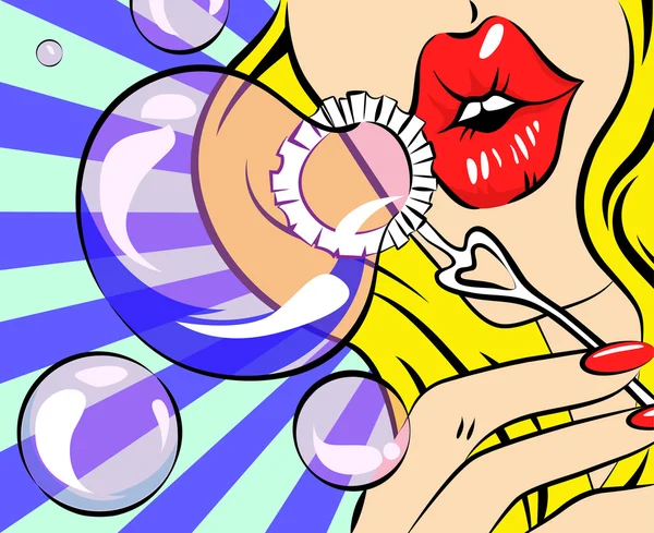 Rapariga a fazer bolhas de sabão. Ilustração estilo retrô vetorial. Mulher loira em estilo pop art . — Vetor de Stock