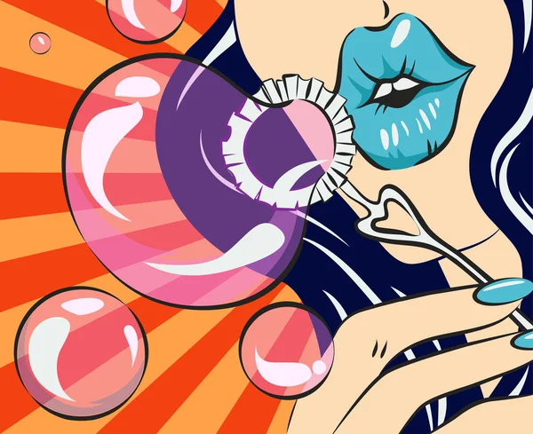 Mujer con labios azules haciendo burbujas de jabón. Ilustración de estilo retro vectorial. Mujer morena en estilo pop art . — Vector de stock