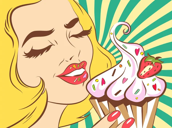 Rapariga a comer bolo. Ilustração estilo retrô vetorial. Mulher loira em estilo pop art . —  Vetores de Stock