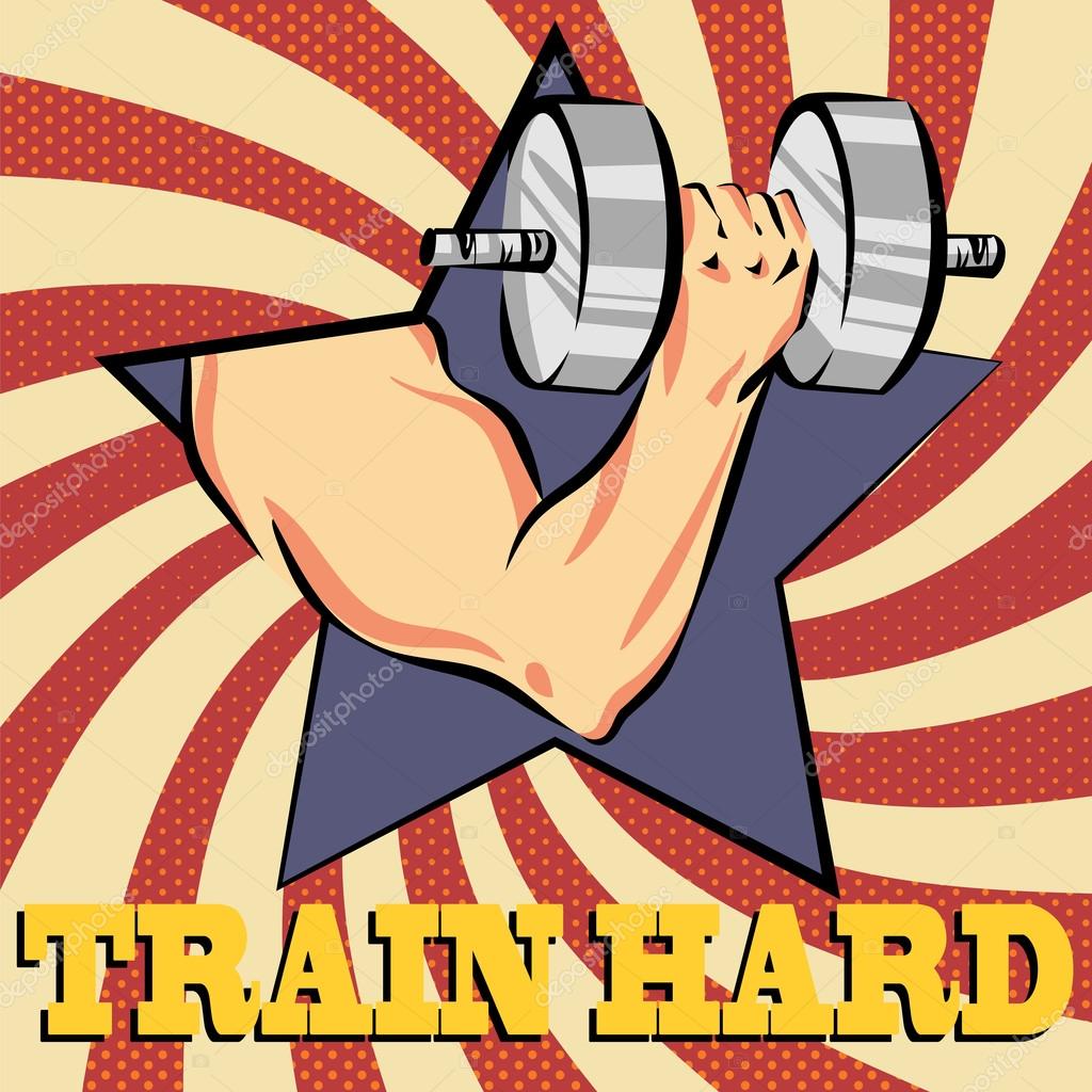 Train hard, strong bicep Illustration. Workout, fitness, bodybuilding  sport icon. Creative vector cartoon style poster. Retro rays background