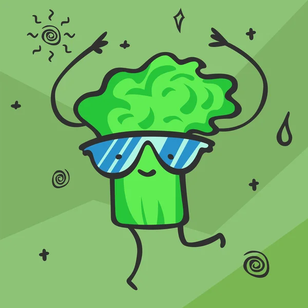 Niedlichen Kawaii Cartoon Brokkoli. lächelnder und tanzender Gemüsecharakter. gesunde ernährung. Vektorillustration. — Stockvektor